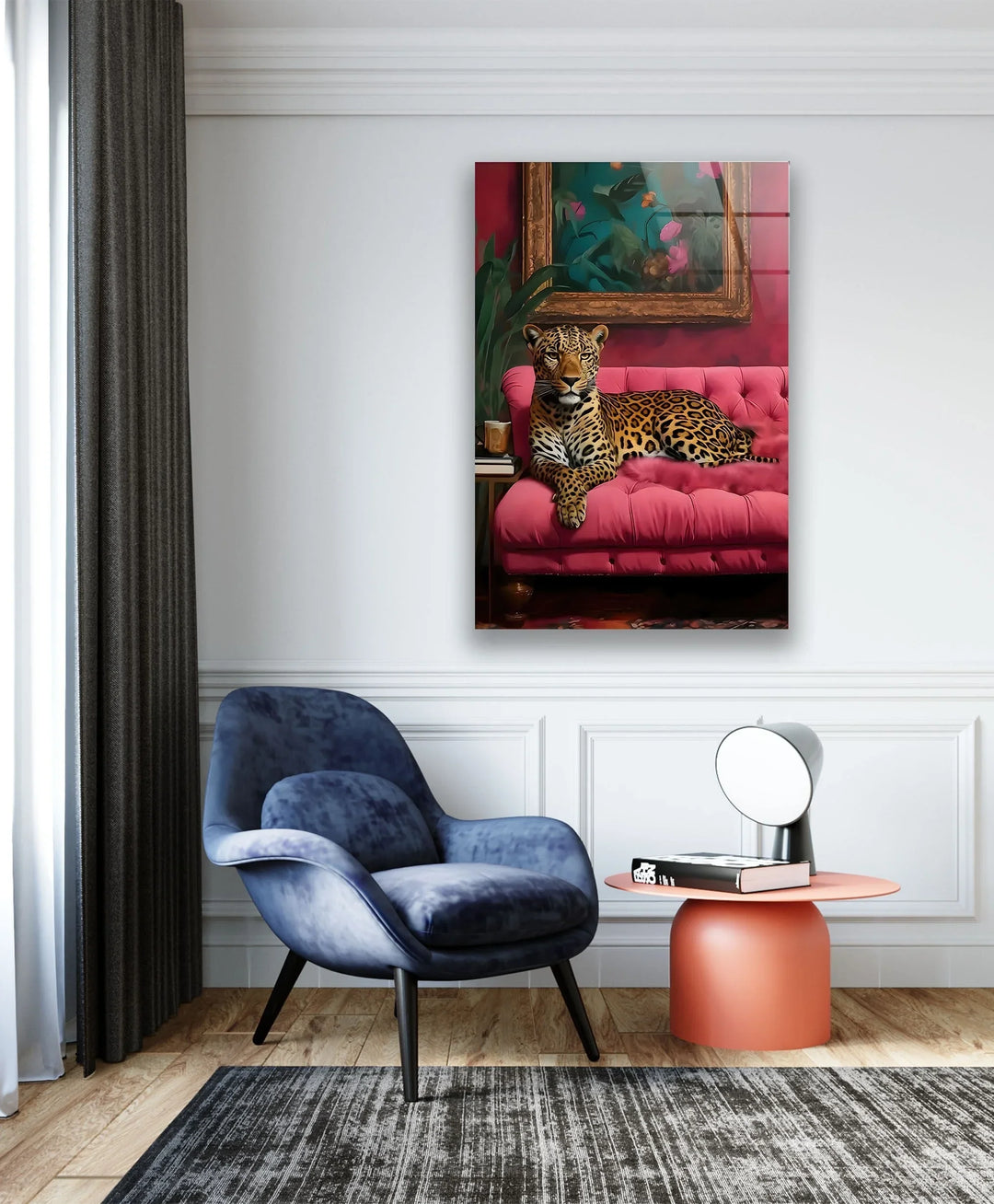 Leopar Sitting on Pink Seat Glass Wall Art photo print on glass, prints on glass wall art