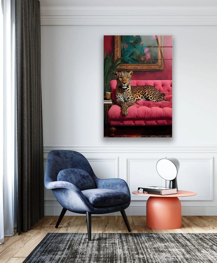 Leopar Sitting on Pink Seat Glass Wall Art photo print on glass, prints on glass wall art
