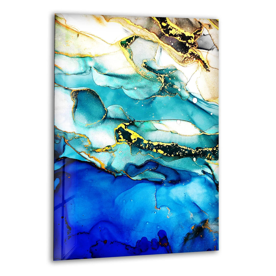 Blue and Gold Alcohol Ink Abstract Glass Wall Art print picture on glass, Tempered Glass Wall Art