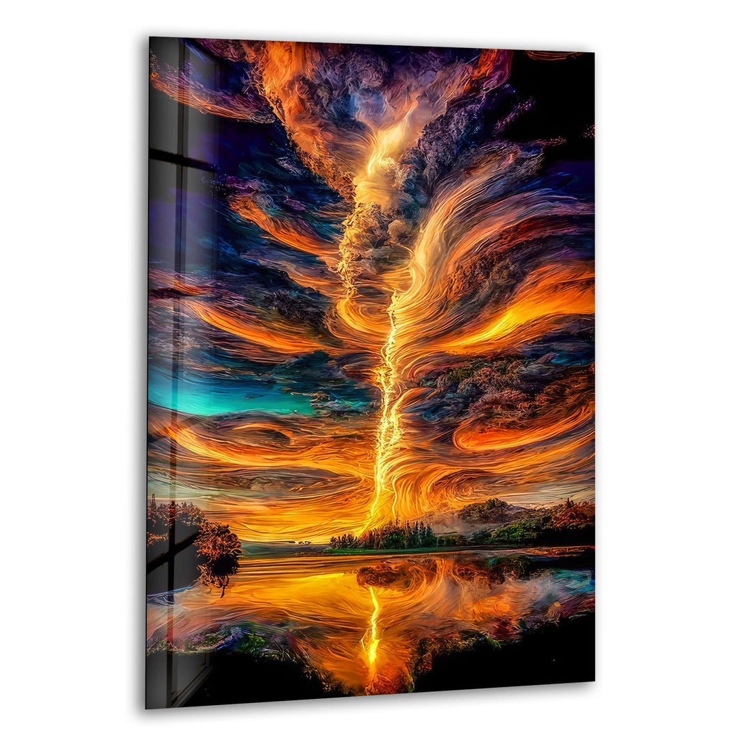 Glass wall art featuring a powerful lightning bolt cutting through dramatic clouds.