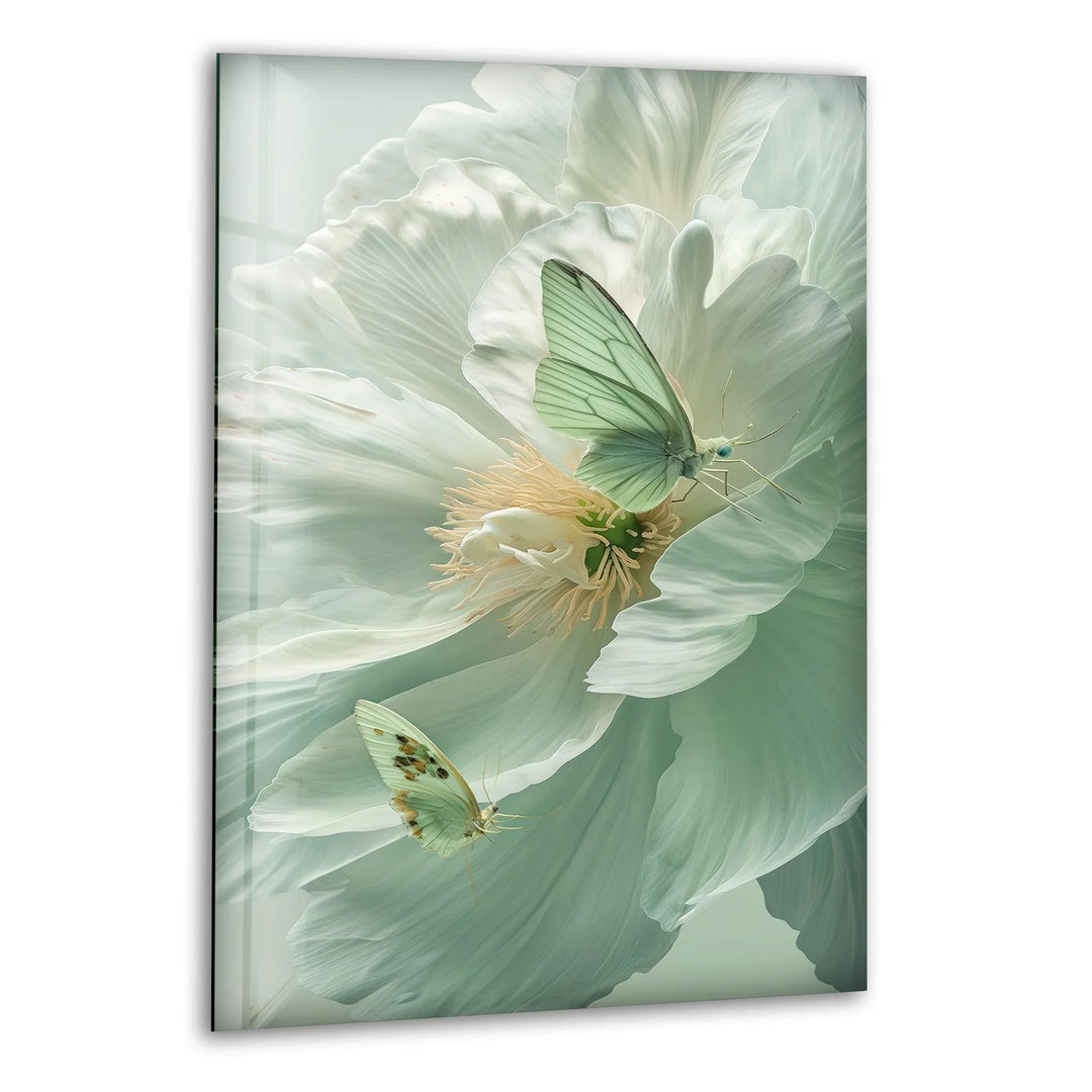 White Peony With Green Butterfly Glass Wall Art, print picture on glass, Tempered Glass Wall Art