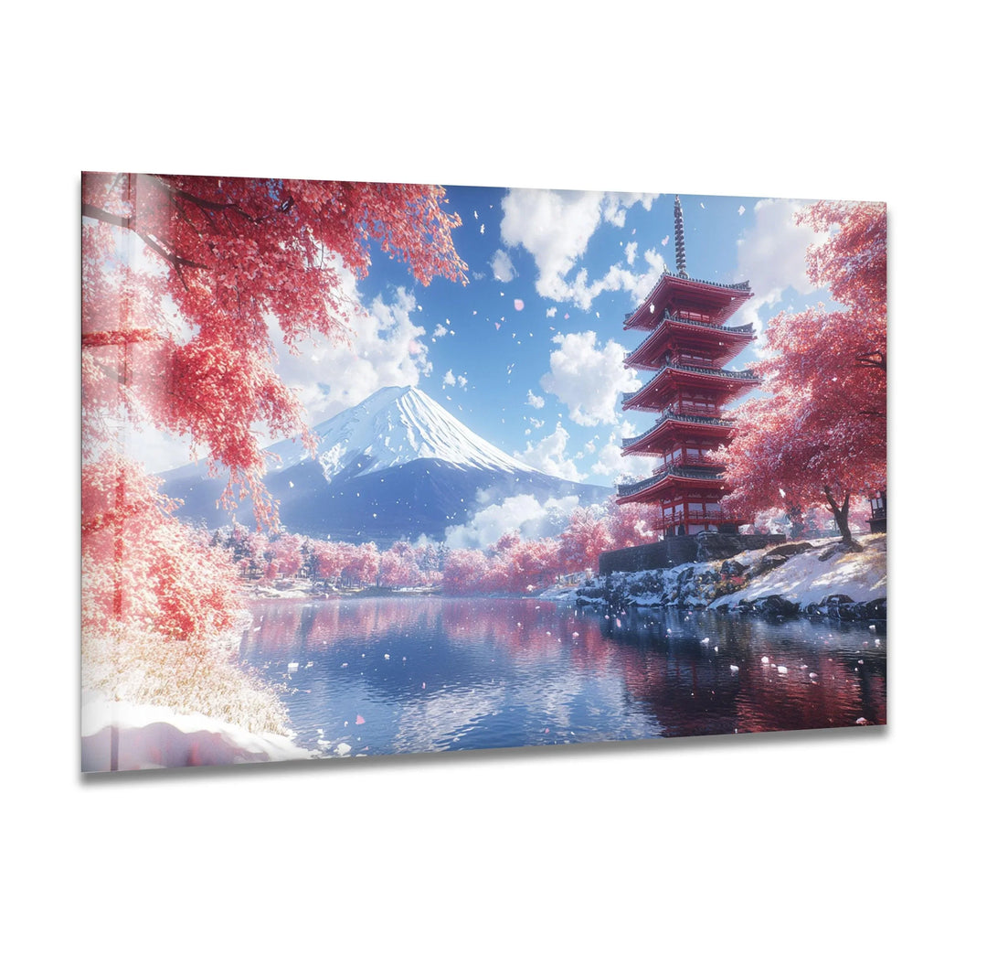 Fuji in Japan With The Pagoda Snowy Glass Wall Art glass art painting, glass art for the Wall