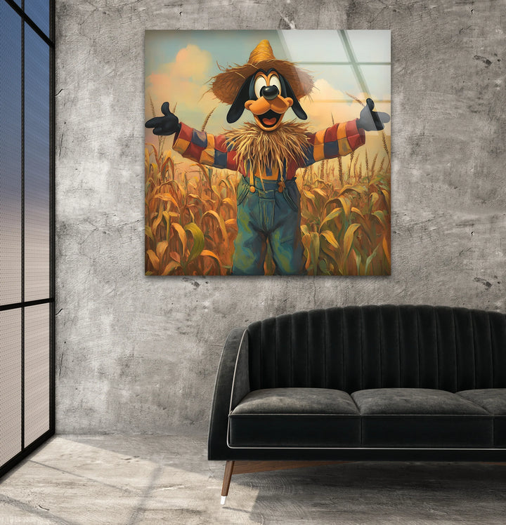 Cartoon Scarecrow in Cornfield Glass Wall Art stained glass wall art, stained glass wall decor