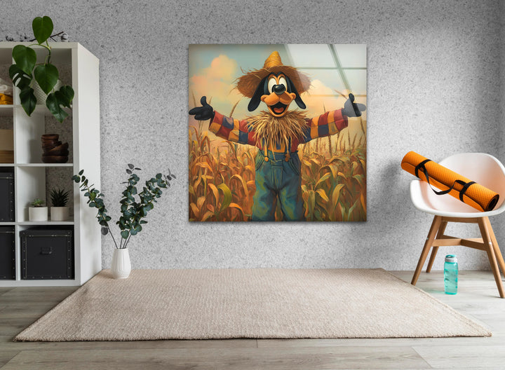 Cartoon Scarecrow in Cornfield Glass Wall Art glass art painting, glass art for the Wall