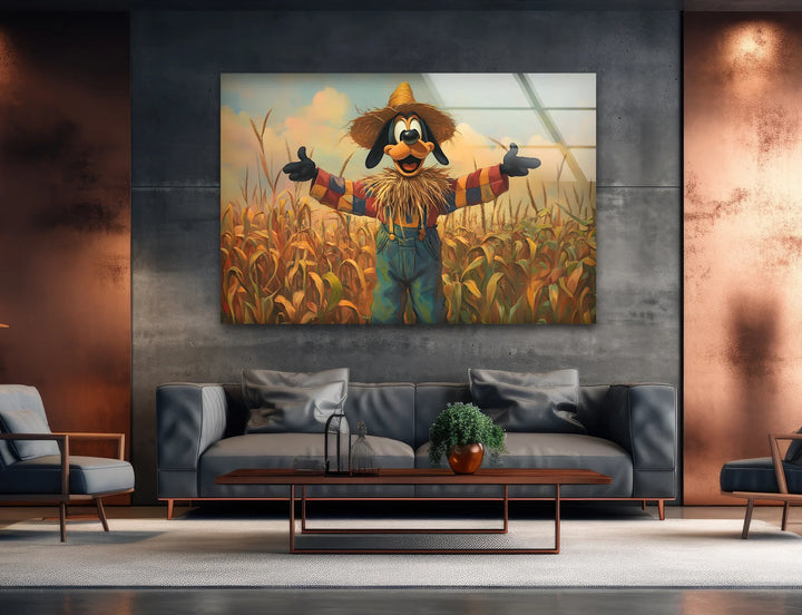 Cartoon Scarecrow in Cornfield  Glass Wall Art glass photo prints, glass picture prints