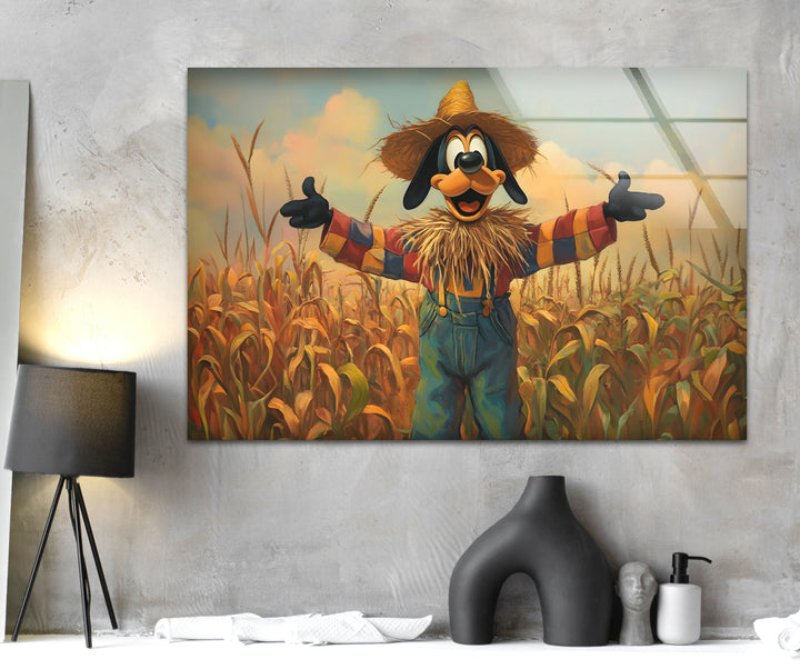 Cartoon Scarecrow in Cornfield Glass Wall Art glass image printing, glass prints from photos