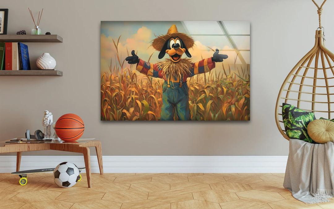 Cartoon Scarecrow in Cornfield Glass Wall Art glass pictures for Wall, glass prints wall art