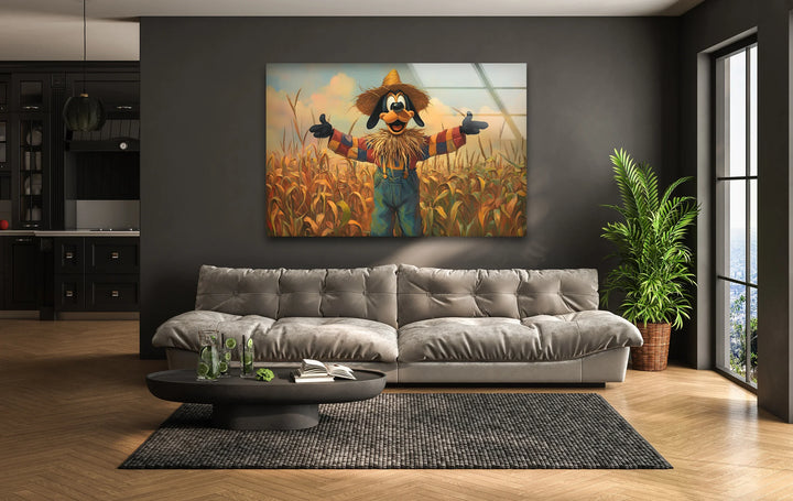 Cartoon Scarecrow in Cornfield Glass Wall Art glass wall decor, glass wall art decor