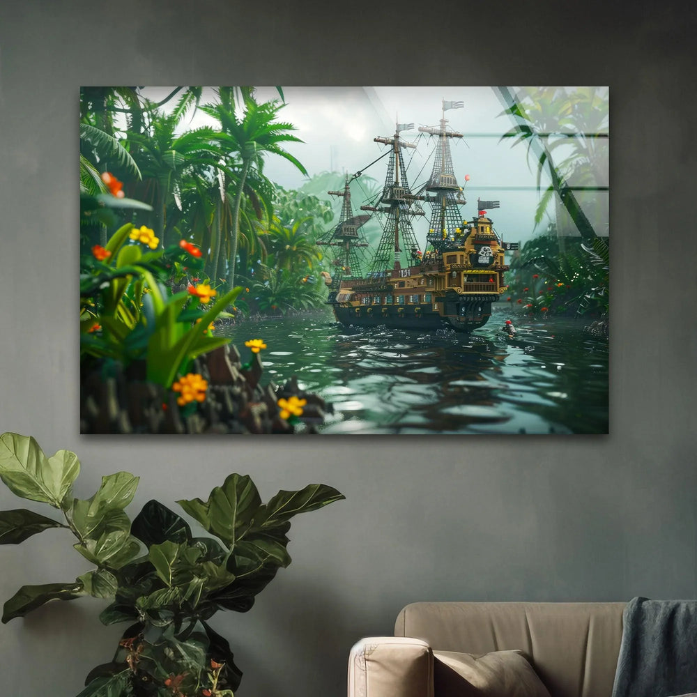 Stunning digital artwork of a pirate ship navigating a tropical river with dense palm trees.