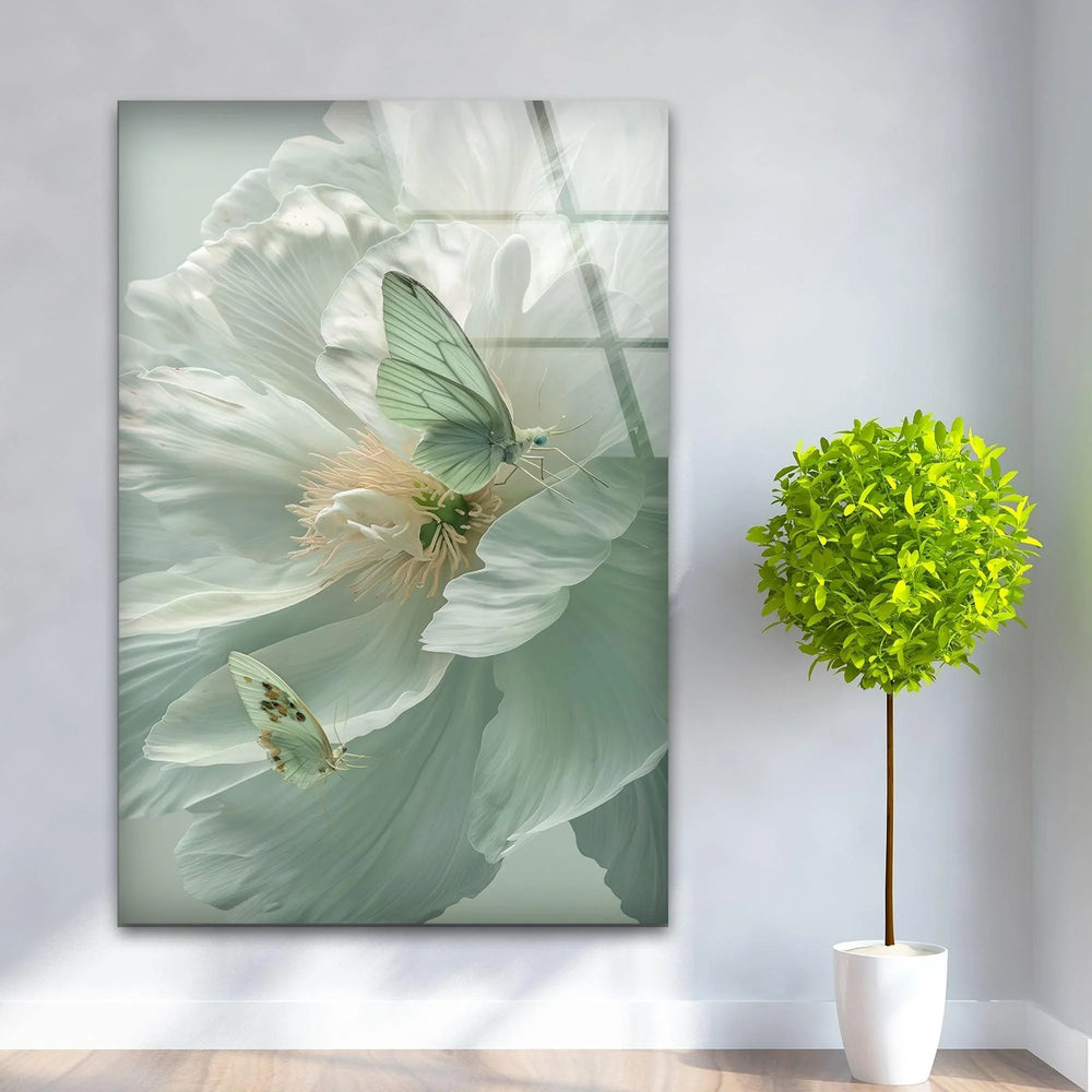 White Peony With Green Butterfly Glass Wall Art, glass wall decor, glass wall art decor