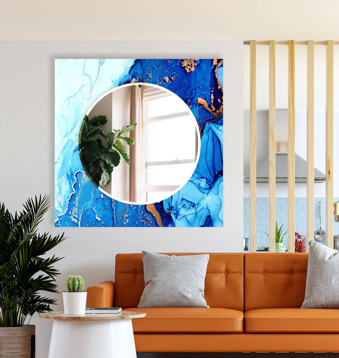 Stained Blue White Wall Mirror Rectangle Mirror