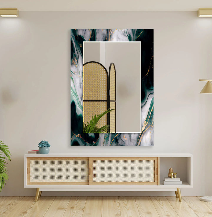 Green with Black Ink Abstract Wall Mirror Small Mirror