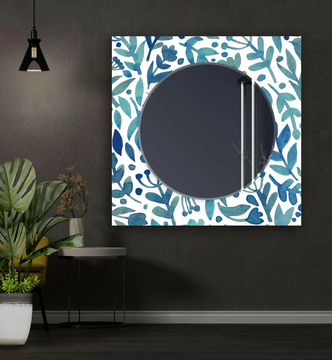 Blue Round Flowers Wall Mirror Round Wall Mirror