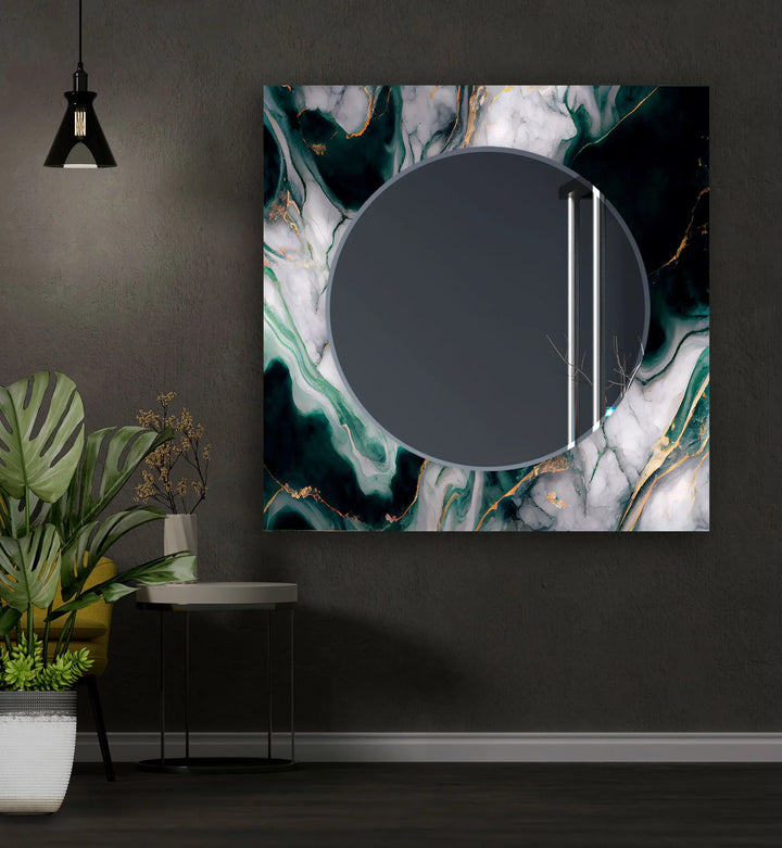 Green with Black Ink Abstract Wall Mirror Decorative Mirror