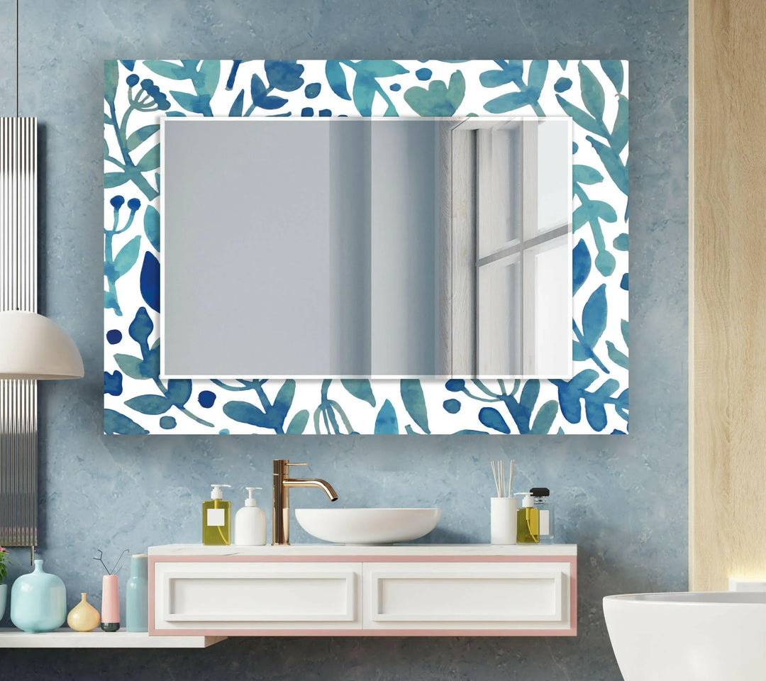Blue Round Flowers Wall Mirror Square Mirror