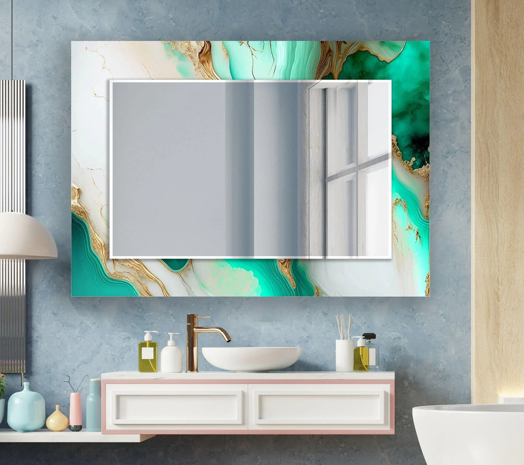 Green & White Abstract Wall Mirror Rectangle Wall Mirror