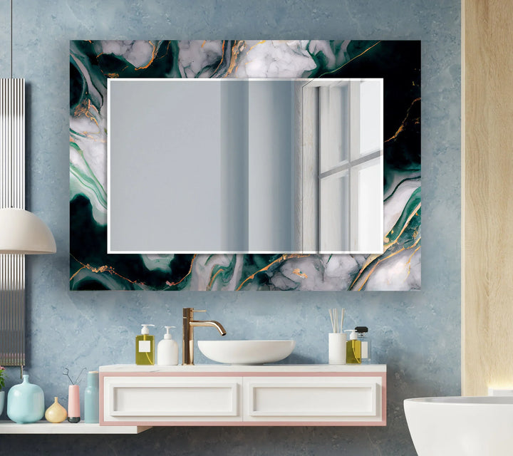 Green with Black Ink Abstract Wall Mirror Dining Room Mirror