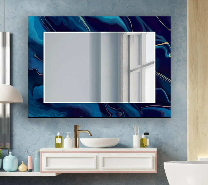 Blue Wavy Abstract Wall Mirror mirror with frame