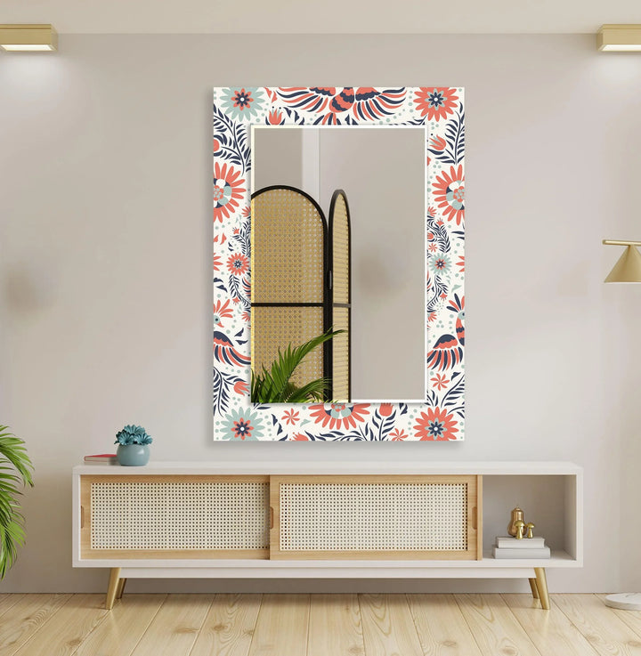 White & Orange Flowers Round Wall Mirror Gold Mirror