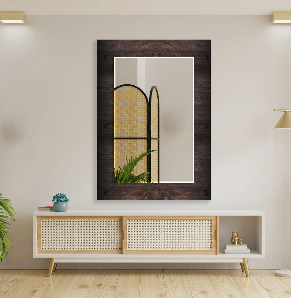 Dark Brown Wooden Pattern Design Wall Mirror Modern Mirror