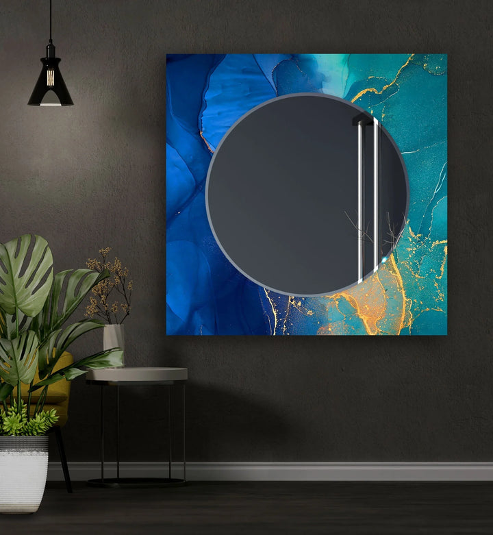 Green & Dark Blue Abstract Wall Mirrors bathroom mirror with lights