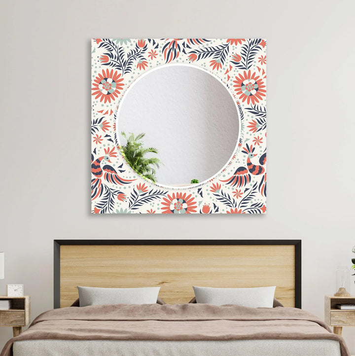 White & Orange Flowers Round Wall Mirror