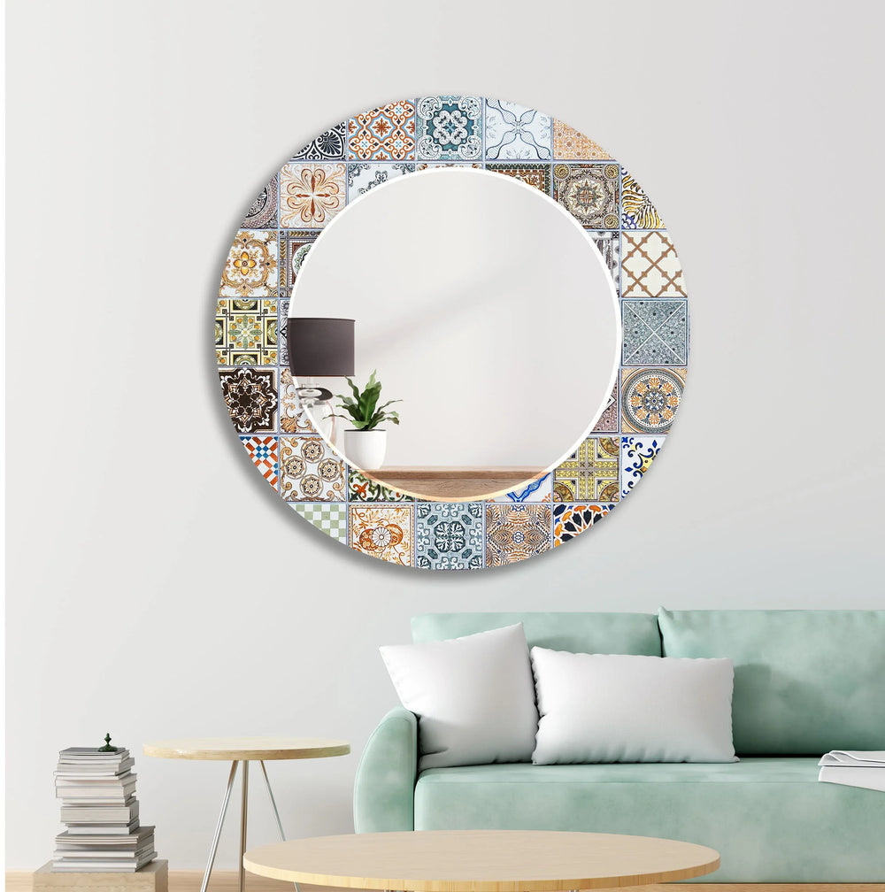Mosaic Design Beige Round Wall Mirror Round Mirror