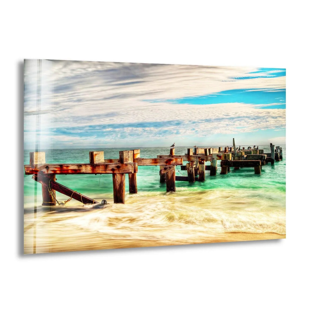 Rustic Pier and Ocean Waves Glass Wall Art – A Stunning Coastal Scene