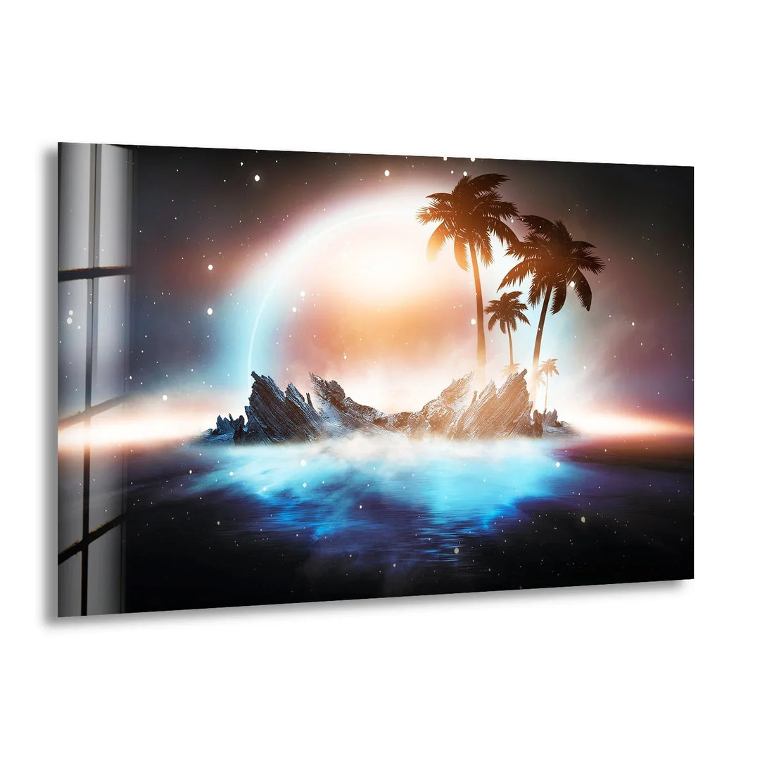 A surreal island floating in mist with a glowing celestial backdrop.