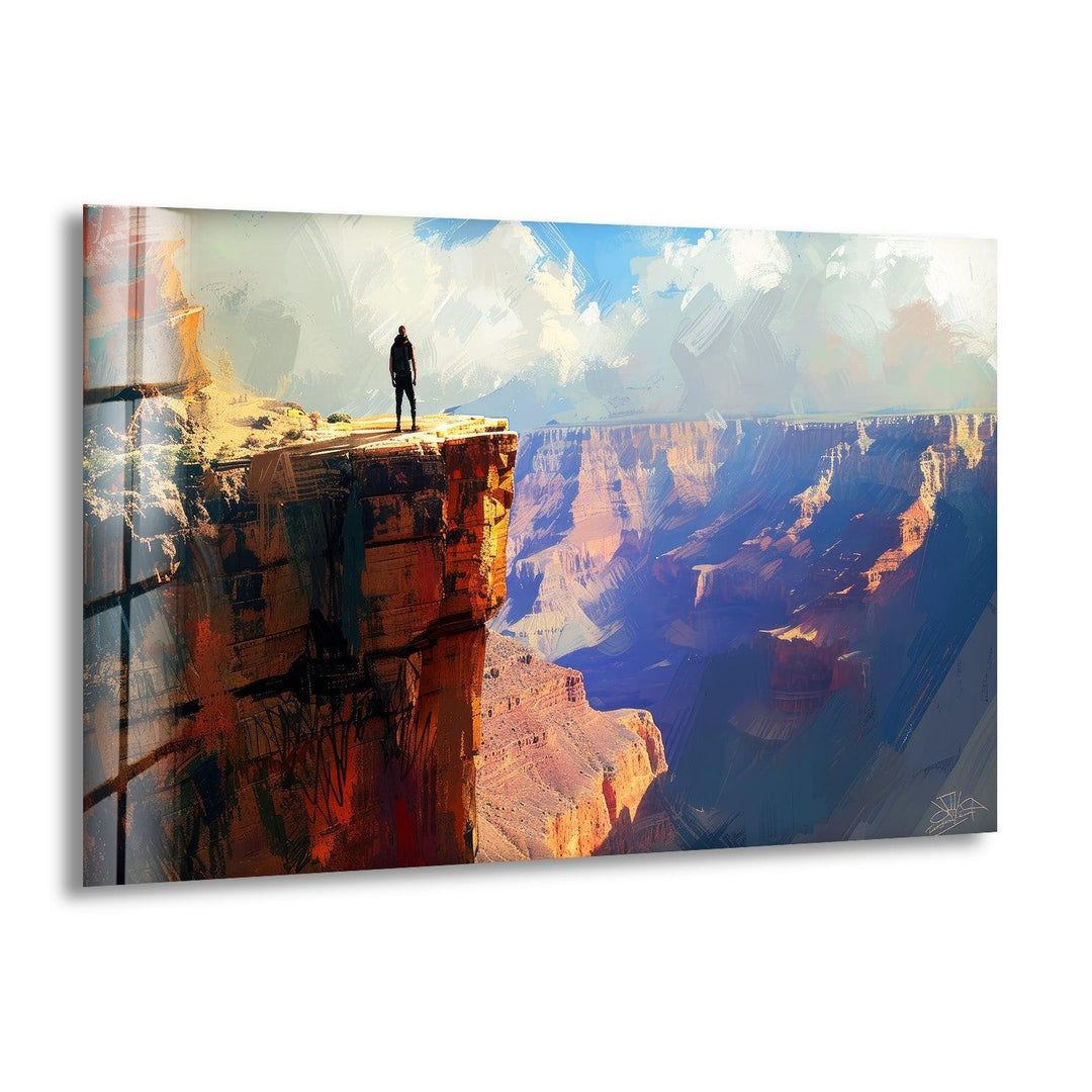 Glass wall art featuring a lone traveler standing on a Grand Canyon cliff.
