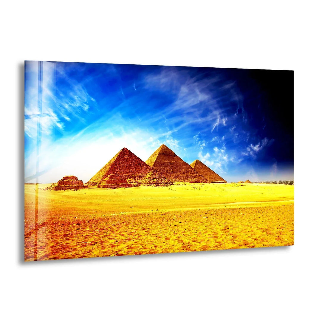 Giza Pyramids Glass Wall Art showcasing the timeless beauty of Egypt's ancient wonders.