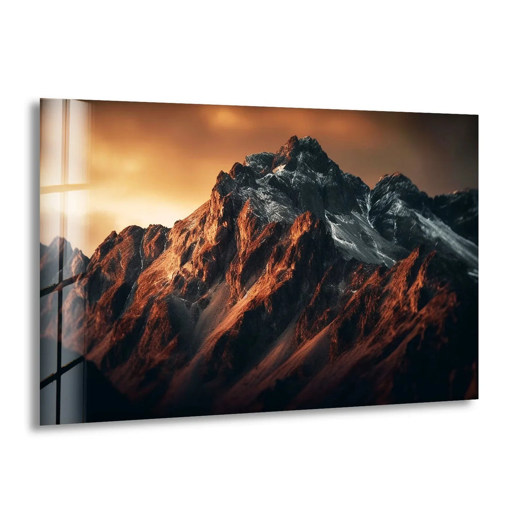 Majestic mountain peaks towering over the landscape, captured in stunning glass art.