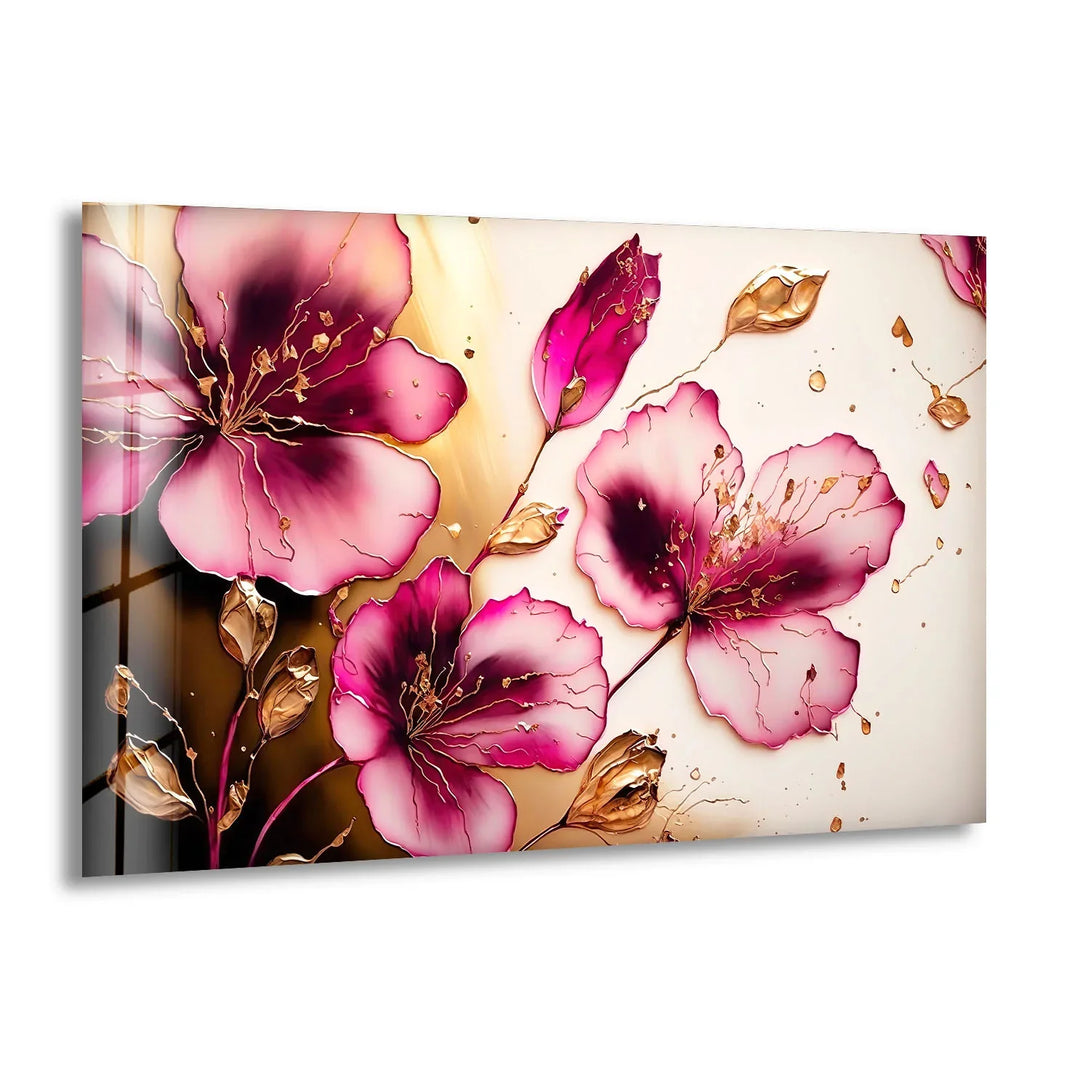 Pink Floral Glass Wall Art – Elegant Gold Petal Modern Botanical Decor - MyPhotoStation