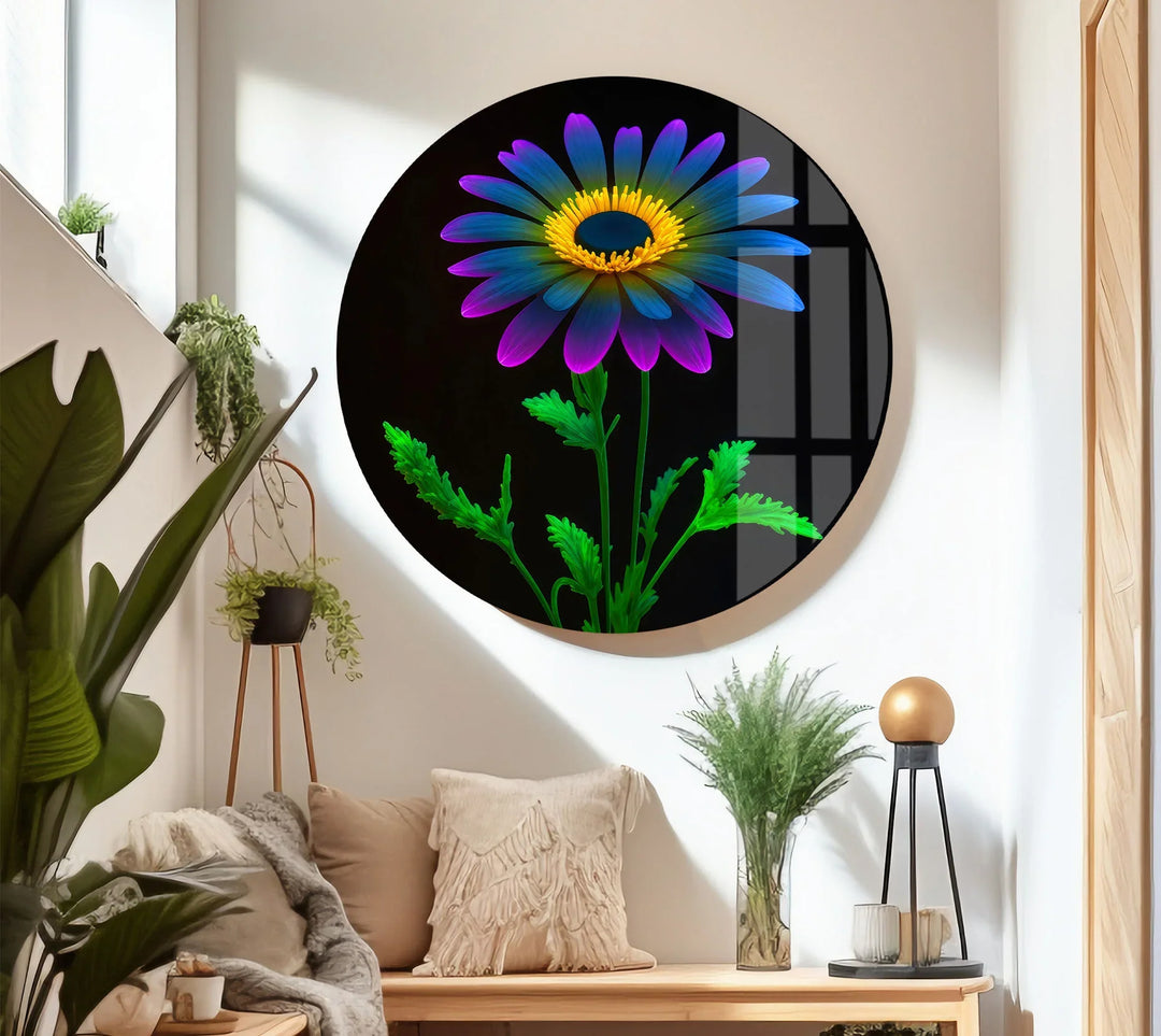 Neon Daisy Flower Wall Art – Colorful Glass Print on Black Background for Modern and Futuristic Interiors - MyPhotoStation