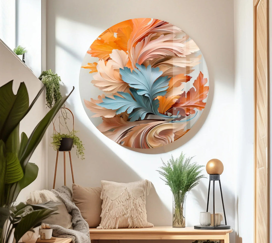 Autumn Leaves Abstract Wall Art – Orange and Blue Botanical Glass Print for Seasonal Elegance - MyPhotoStation