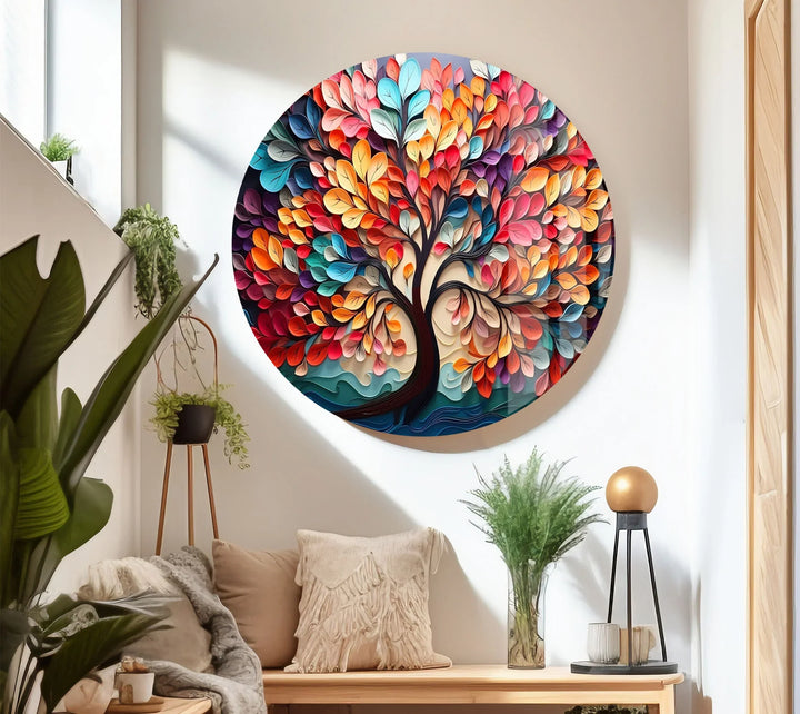 Colorful Tree of Life Wall Art – Vibrant Multicolor Glass Print with 3D Leaf Design for Modern Home Decor - MyPhotoStation