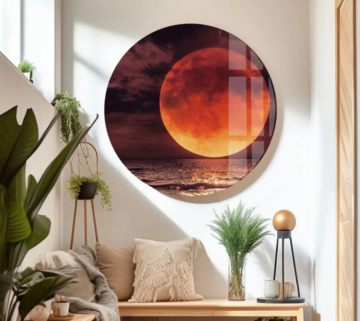 Red Moon Over Ocean Glass Wall Art – Dramatic Lunar Seascape Print for Bold Modern Decor - MyPhotoStation