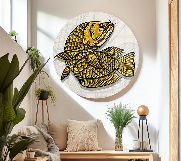 Golden Arowana Fish Wall Art – Elegant Asian-Inspired Glass Print for Modern Interiors and Feng Shui Decor - MyPhotoStation