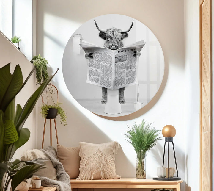Funny Highland Cow Reading Newspaper Wall Art – Black and White Glass Print for Bathroom Humor Decor - MyPhotoStation