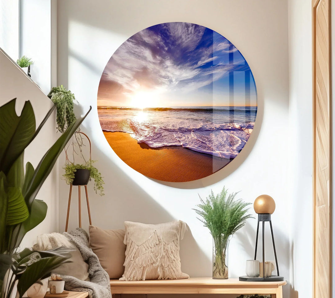 Golden Sunrise Beach Wall Art – Serene Ocean Glass Print for Coastal and Relaxing Interiors - MyPhotoStation