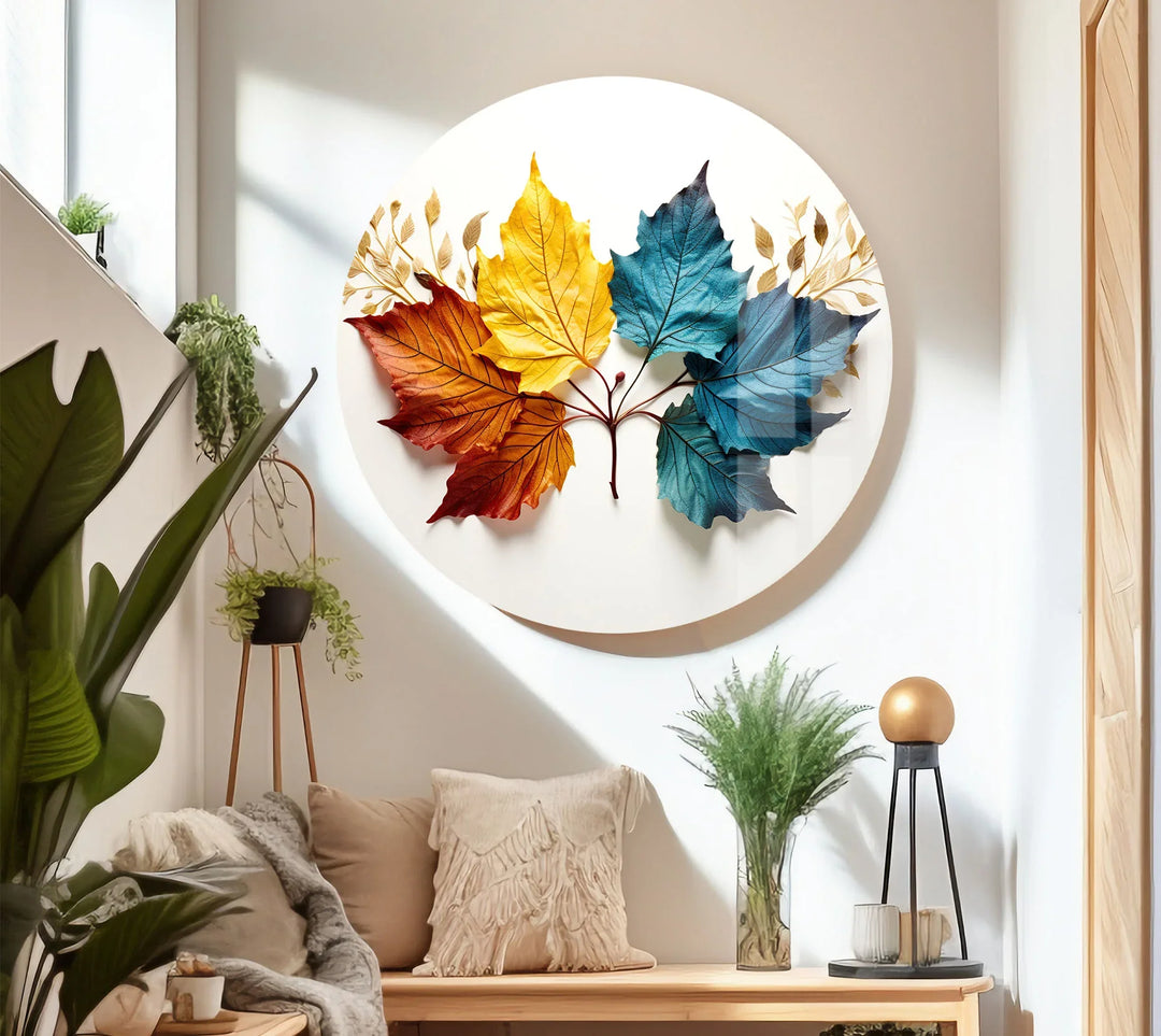 Colorful Autumn Leaves Wall Art – Modern Botanical Glass Print with Red, Yellow, and Blue Foliage - MyPhotoStation