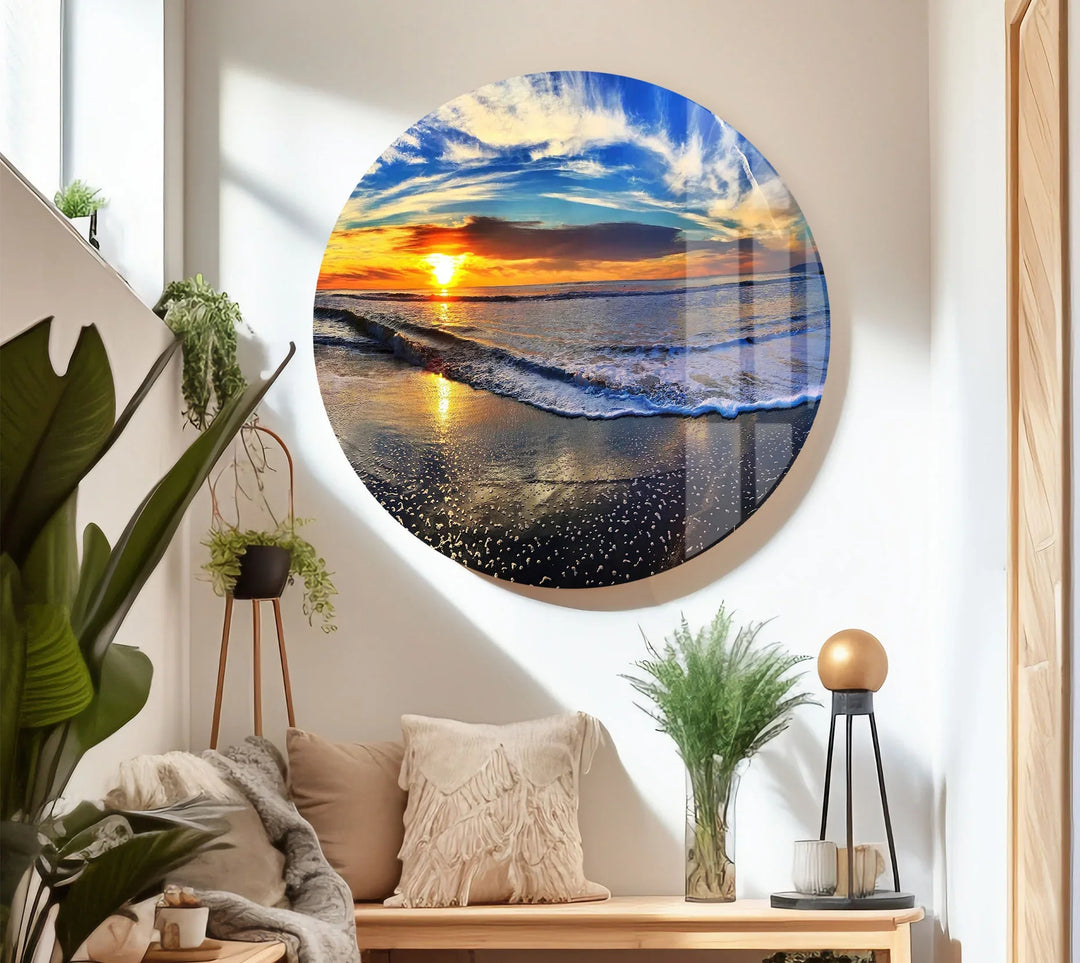 Sunset Beach Wave Wall Art – Vibrant Ocean Horizon Glass Print for Coastal and Modern Interiors - MyPhotoStation