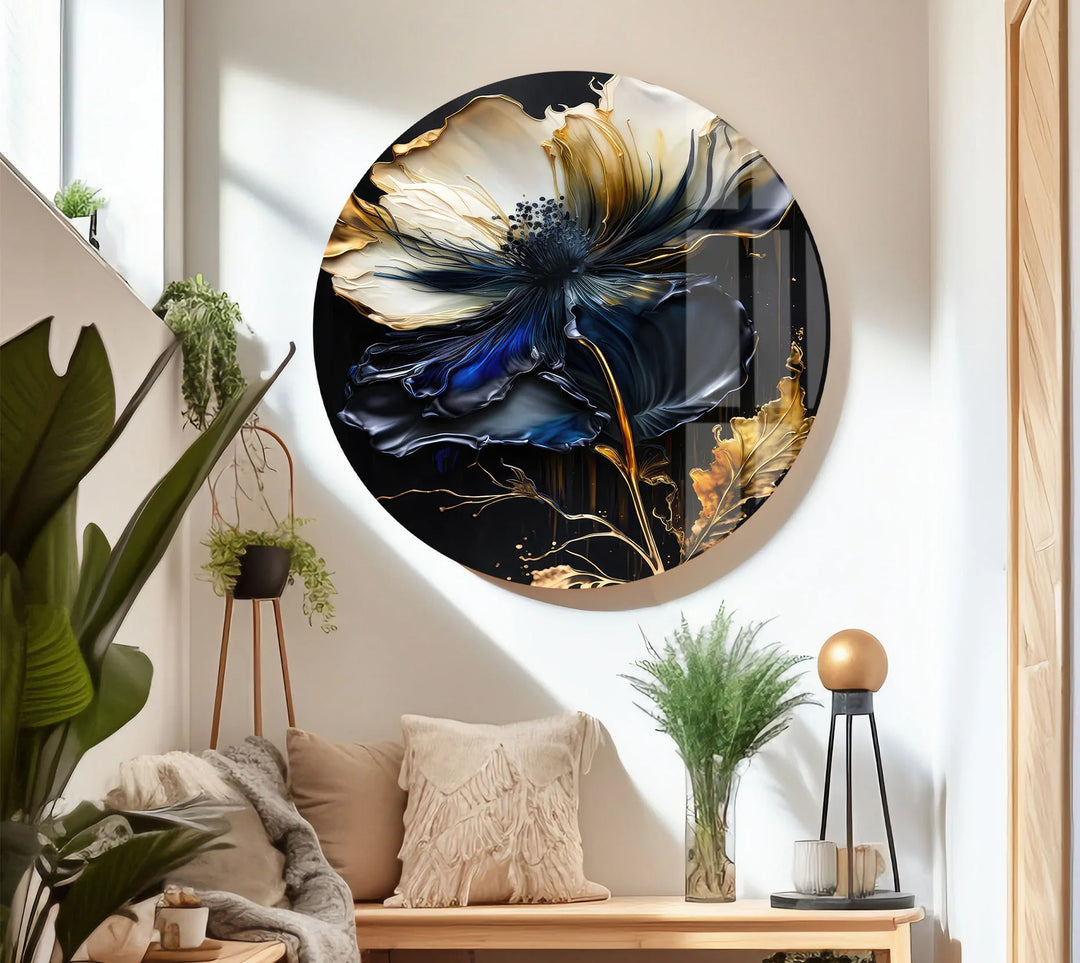 Blue and Gold Floral Wall Art – Elegant Dark Botanical Glass Print for Modern Luxury Decor - MyPhotoStation