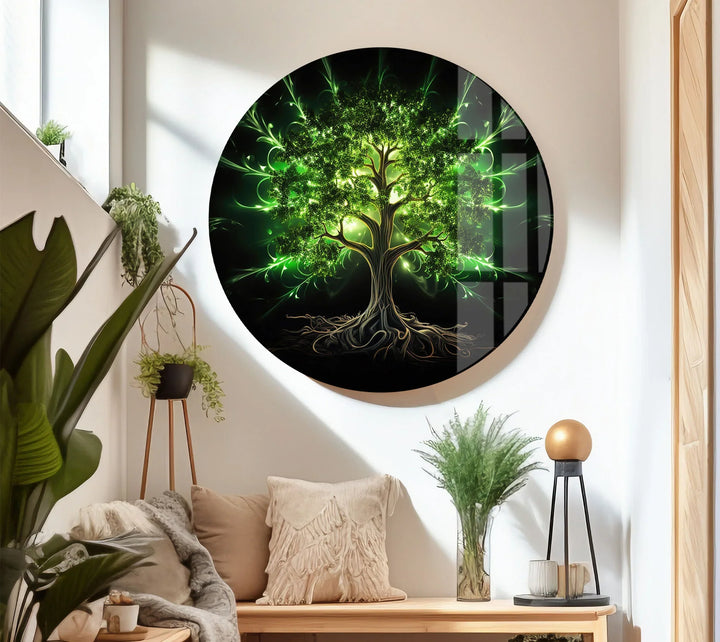 Enchanted Green Tree Wall Art – Glowing Nature-Inspired Glass Print with Dark Fantasy Vibes - MyPhotoStation