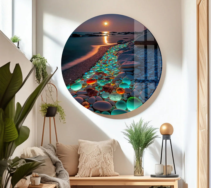 Glowing Pebble Beach Wall Art – Sunset Glass Print with Luminous Stones for Coastal Decor - MyPhotoStation