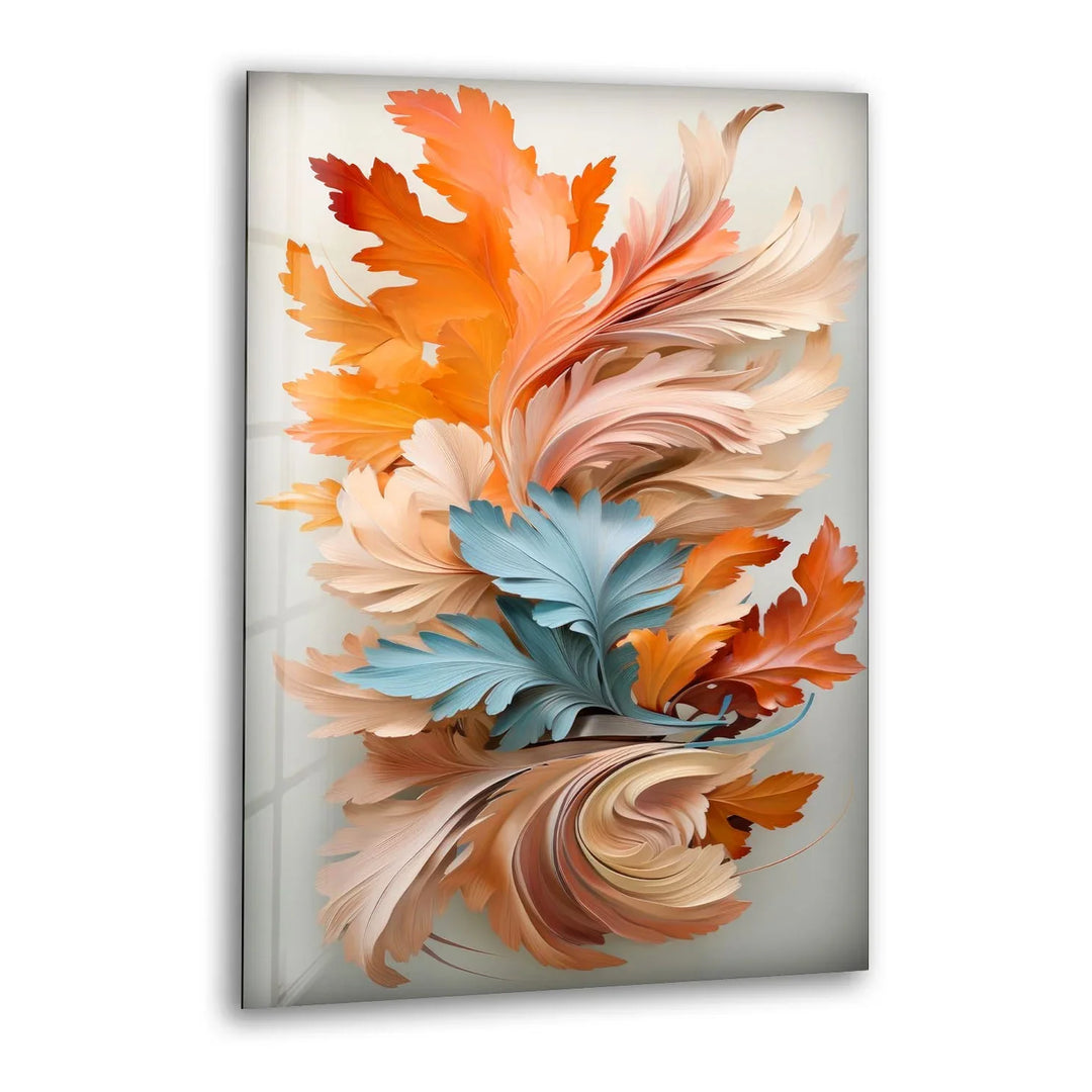 Autumn Leaves Abstract Wall Art – Orange and Blue Botanical Glass Print for Seasonal Elegance - MyPhotoStation