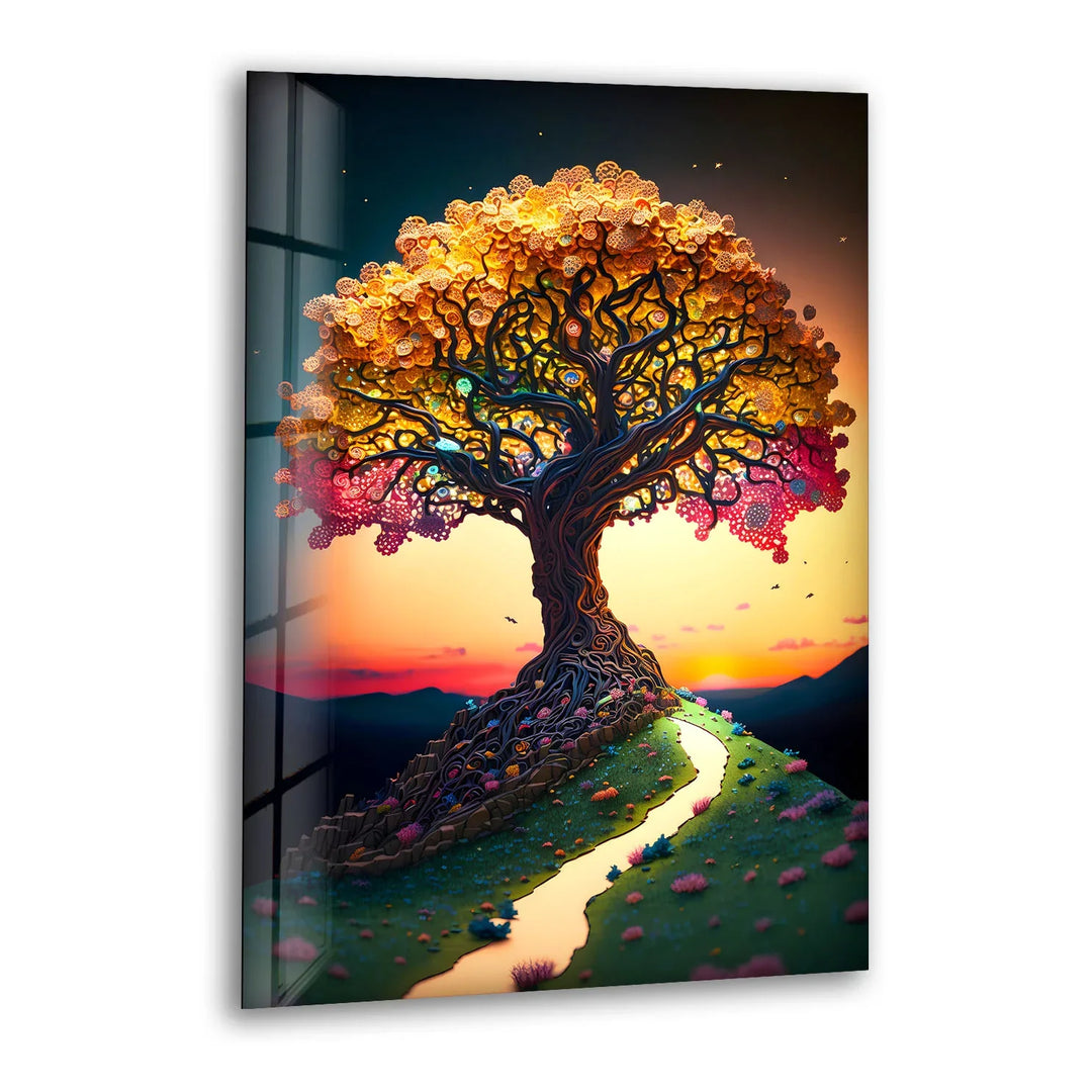 Dreamy Tree of Life Wall Art – Sunset Path Fantasy Glass Print Design - MyPhotoStation