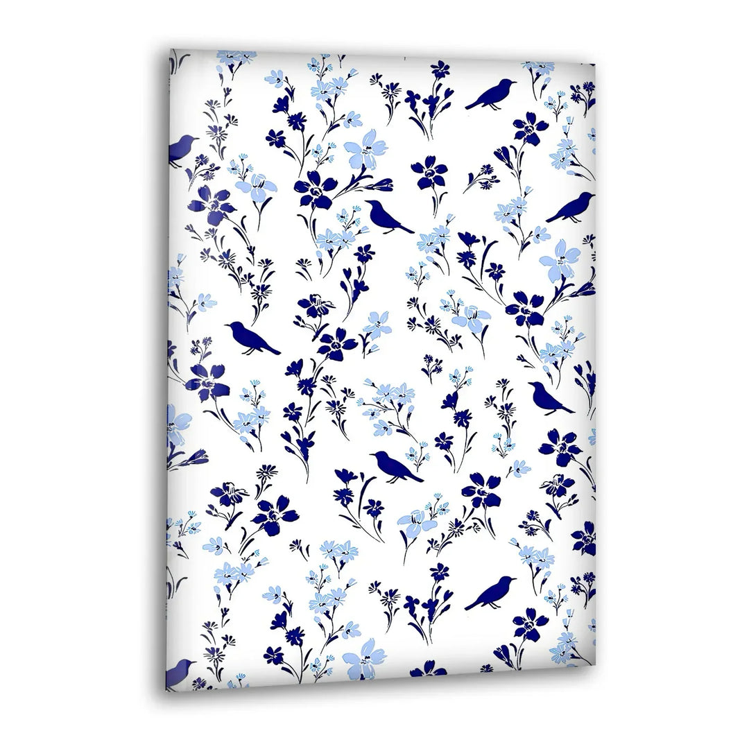 Blue Bird and Wildflower Pattern Wall Art – Elegant Floral Glass Print for Nature Lovers - MyPhotoStation