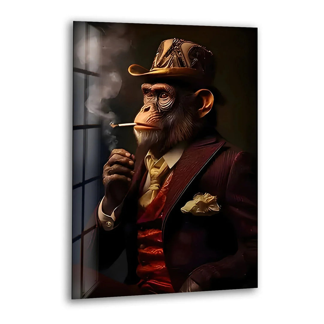 Old Monkey Smoking Glass Wall Art print picture on glass, Tempered Glass Wall Art