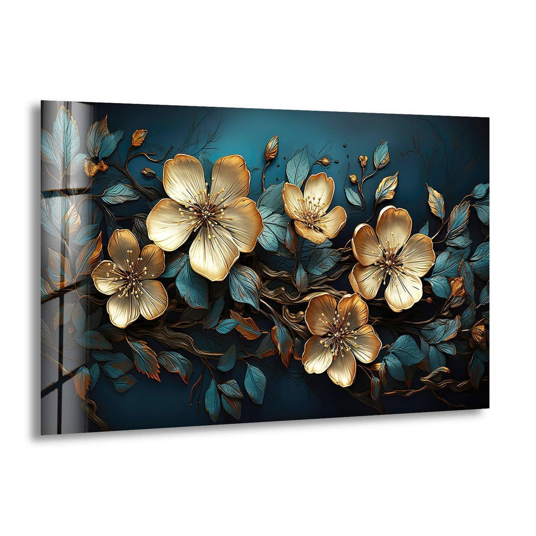 Beige & Blue Botanical Glass Wall Art print picture on glass, Tempered Glass Wall Art